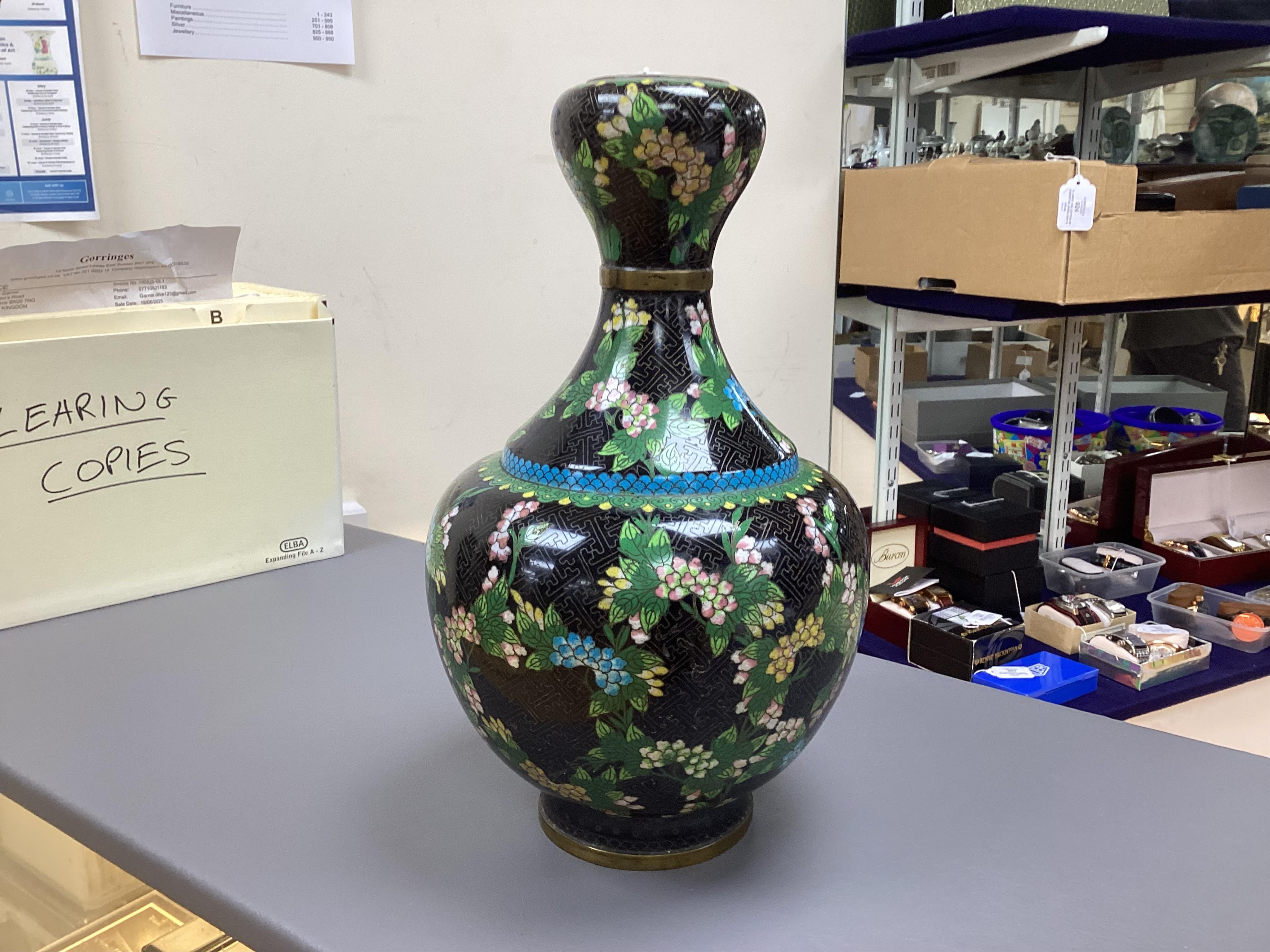 An early 20th century Chinese cloisonné enamel garlic mouth vase, 37cm high